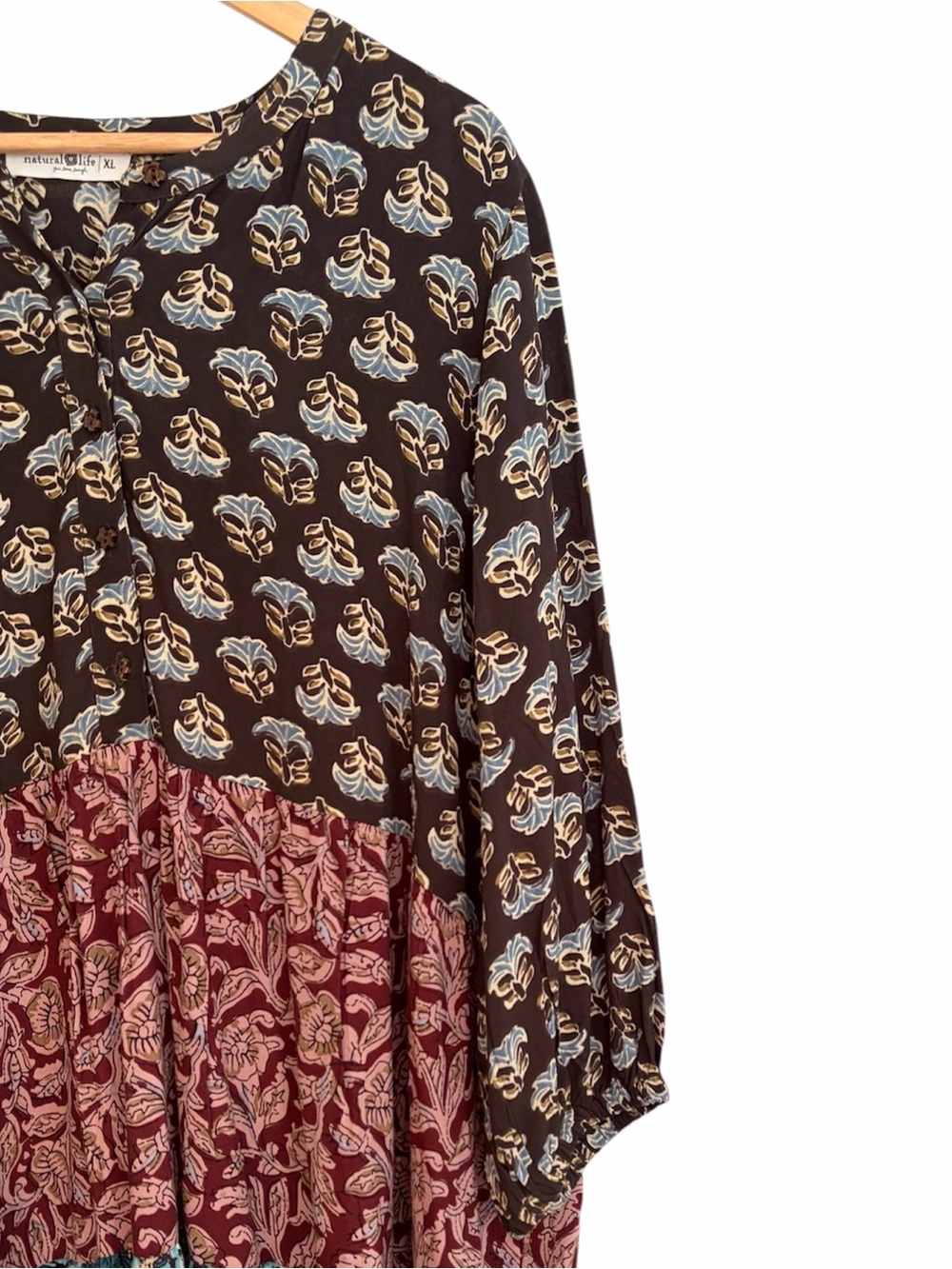 Natural Life Brown Purple Teal Mixed Print Tiered Boho Swing Dress XL - Picture 3 of 4